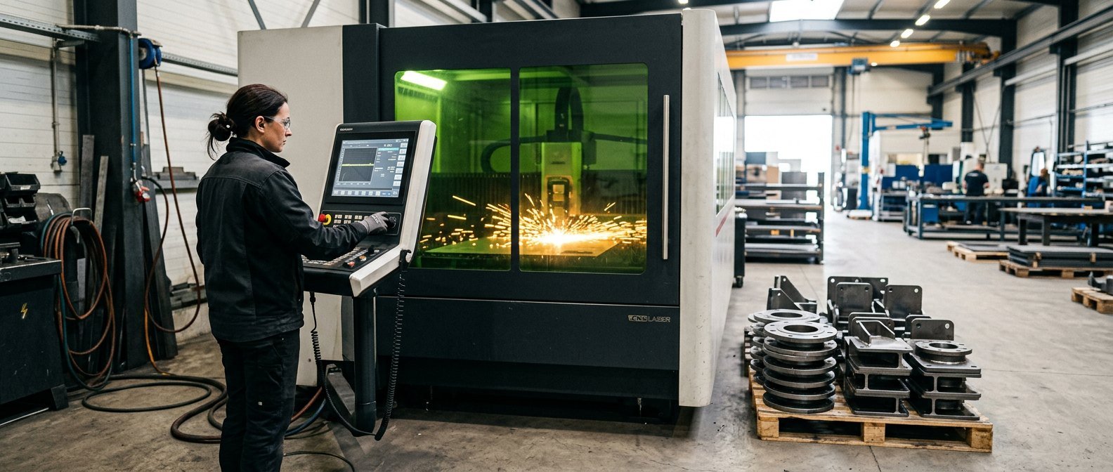 CNC laser cutting operator at the control panel of a fiber laser cutting machine